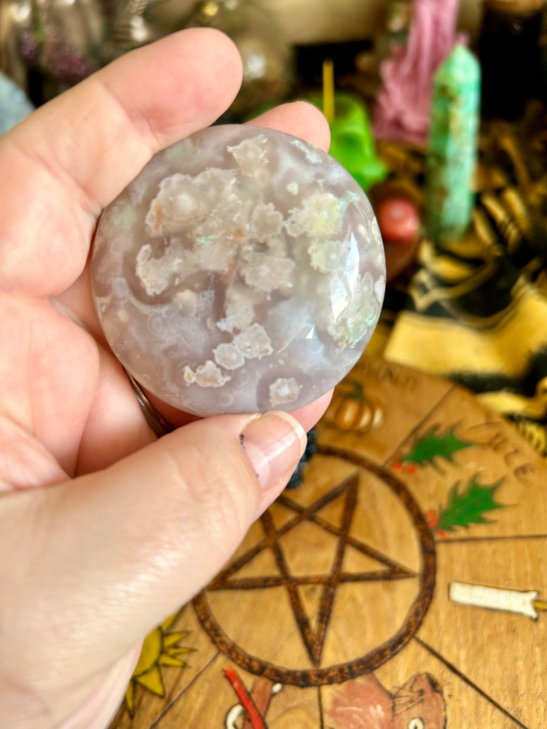 Flower Agate Sphere on Stand and Palm Stone Gift Set | Crystals | Witchcraft | Wicca | Pagan | Healing | Reiki | Chakra | Ornament | Ball