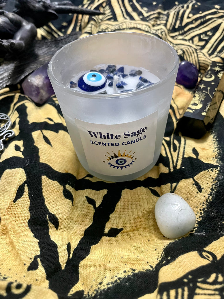 Evil Eye - All Seeing Eye White Sage Scented Spell Candle | Sodalite | Charms | Witchcraft | Wicca | Pagan | Ritual Candle | Candles | Gift