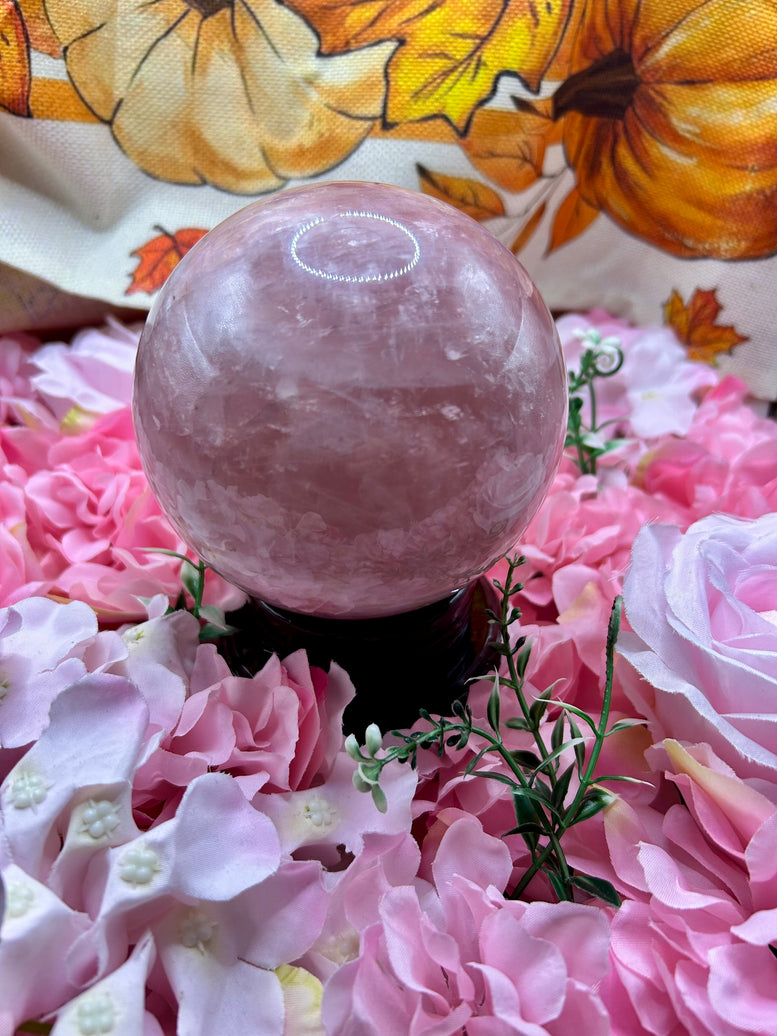High Quality Rose Quartz Sphere on rotating stand 1.6kg 10cm tall