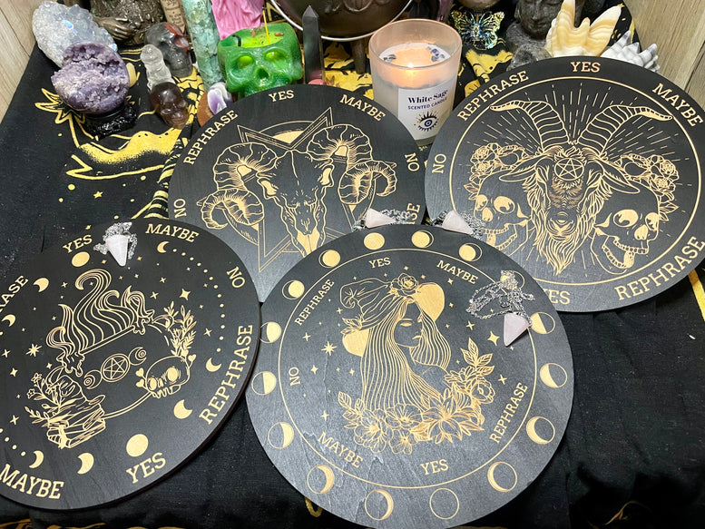 Pendulum Board and Rose Quartz Pendulum | Dowsing | Dowsing Board | Communication Board | Reading | Skull | Cauldron | Witchcraft | Wicca