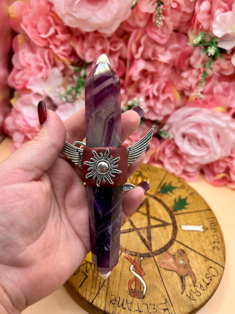 Fluorite Mermaid Wand: Winged Charm, Rhinestone Accents - Ritual Tool