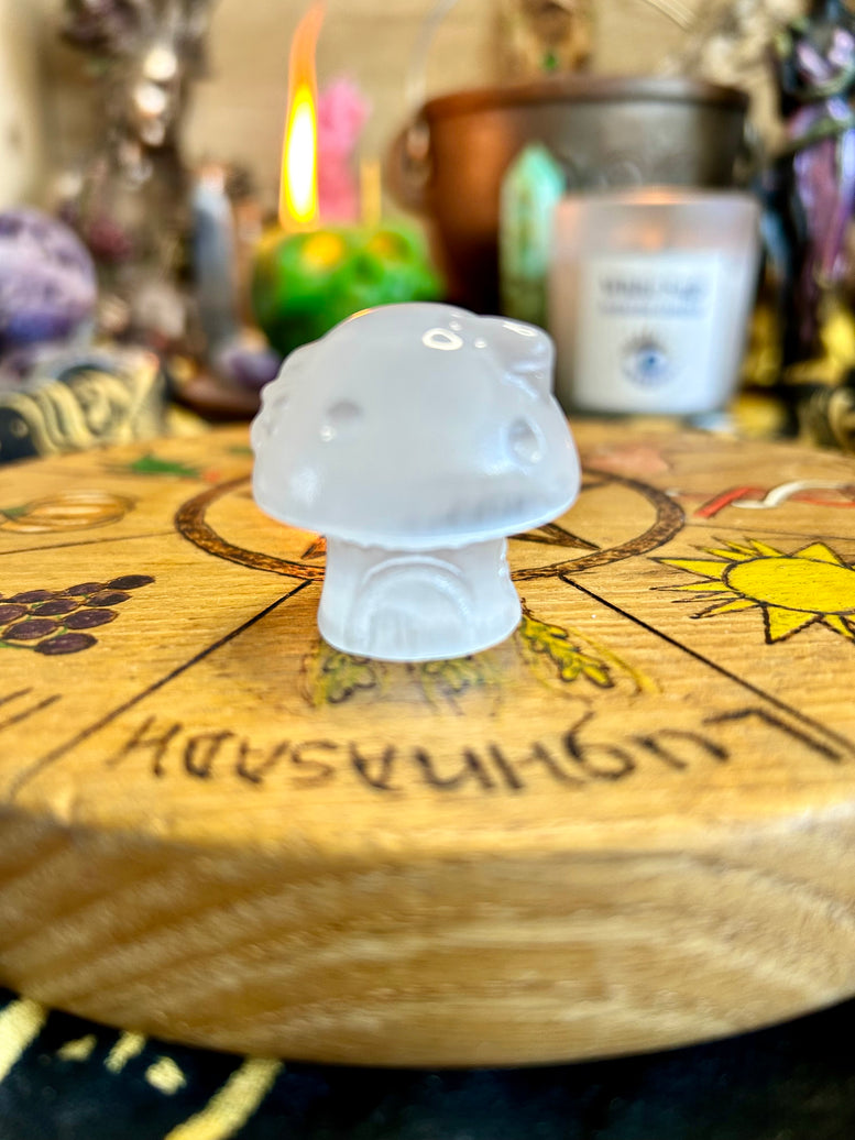 Mushroom Cottage Selenite Crystal Carving | House | Crystals | Reiki | Chakra | Spirituality | Witchy | Wicca | Pagan | Ornament | Gift