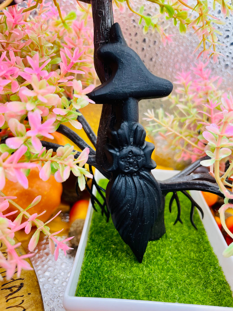 Natural Obsidian Witches Broom & Witches Hat Crystal | Crystal Healing | Reiki | Chakra | Ornament | Witchy | Witchcraft | Pagan | Wiccan