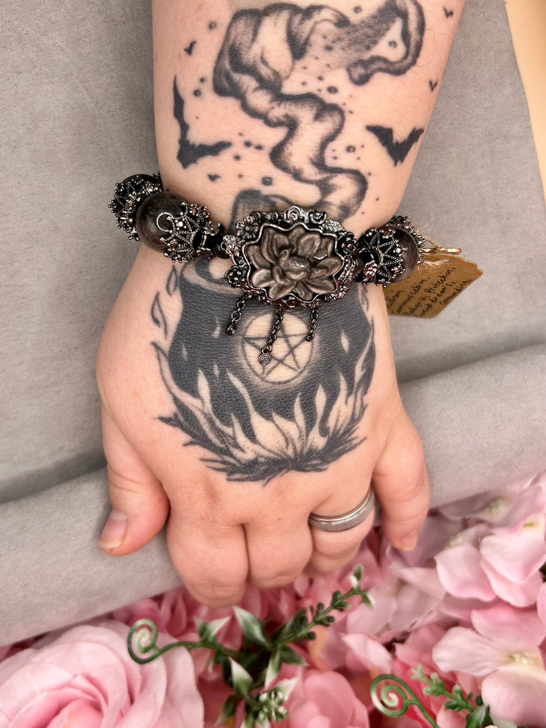 Silver Sheen Obsidian Lotus Crystal Charm Bracelet | Jewellery | Bracelet | Crystals | Spirituality | Witchcraft | Wiccan | Pagan | Large