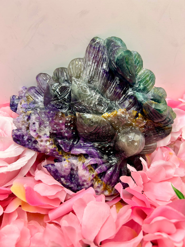 Ocean themed rainbow fluorite crystal carving 1kg 14cm