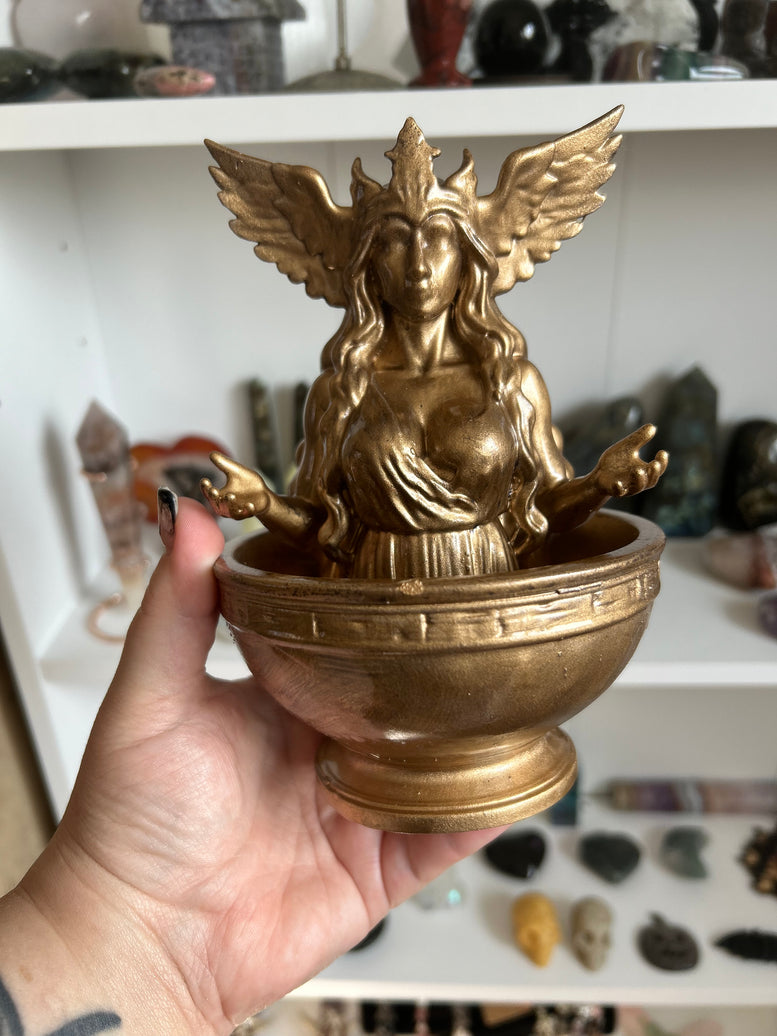 Freya Offering Bowl | Norse Goddess Altar Decor | Pagan Ritual Bowl | Viking Witchcraft Supplies | Golden Divine Feminine Statue Bowl Witch