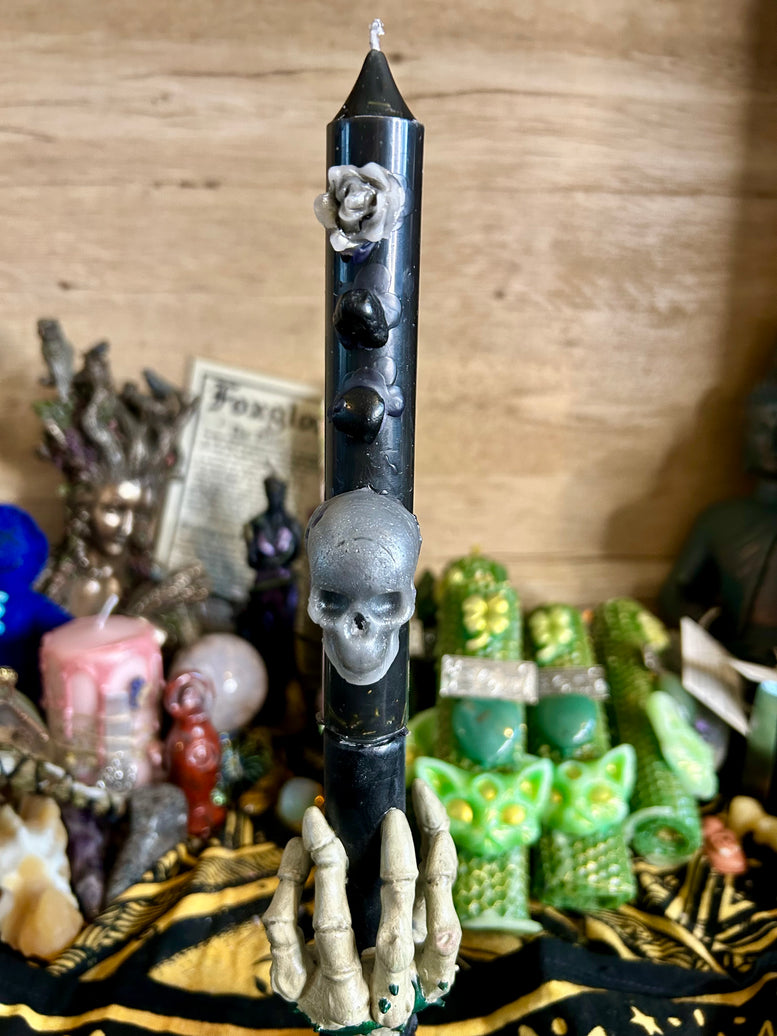 Hand Made Large Protection and Banishing Spell Candles for Spells Witchcraft with Skull Design and Floral Accents Decoration Ornaments