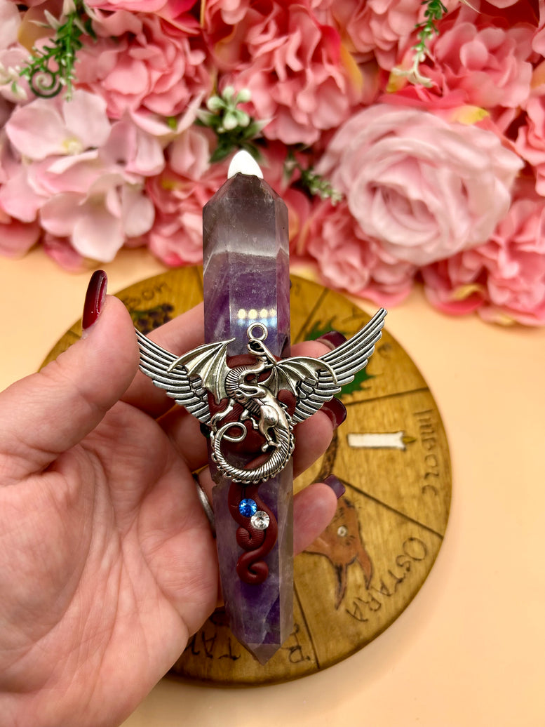 Amethyst Dragon Wand – Crystal Point with Winged Dragon Charm | Fantasy Wand for Rituals, Healing, or Display | Witchcraft | Wicca | Pagan