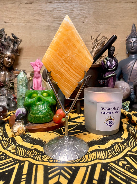 Orange Calcite Diamond on Astrological Stand | Crystals | Healing | Ornament | Witchy | Witchcraft | Reiki | Chakra | Wicca | Pagan | Gift