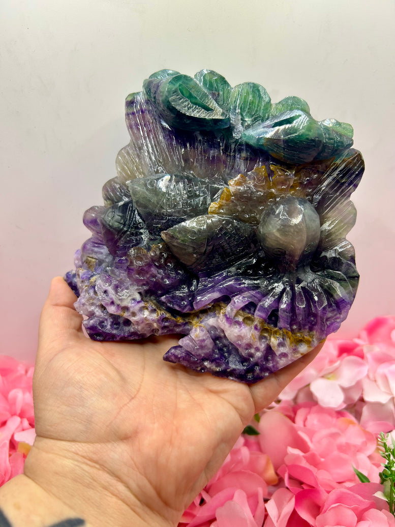 Ocean themed rainbow fluorite crystal carving 1kg 14cm