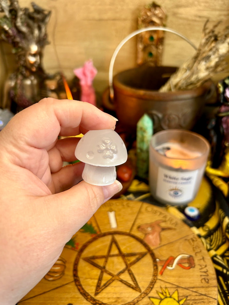 Mushroom Cottage Selenite Crystal Carving | House | Crystals | Reiki | Chakra | Spirituality | Witchy | Wicca | Pagan | Ornament | Gift