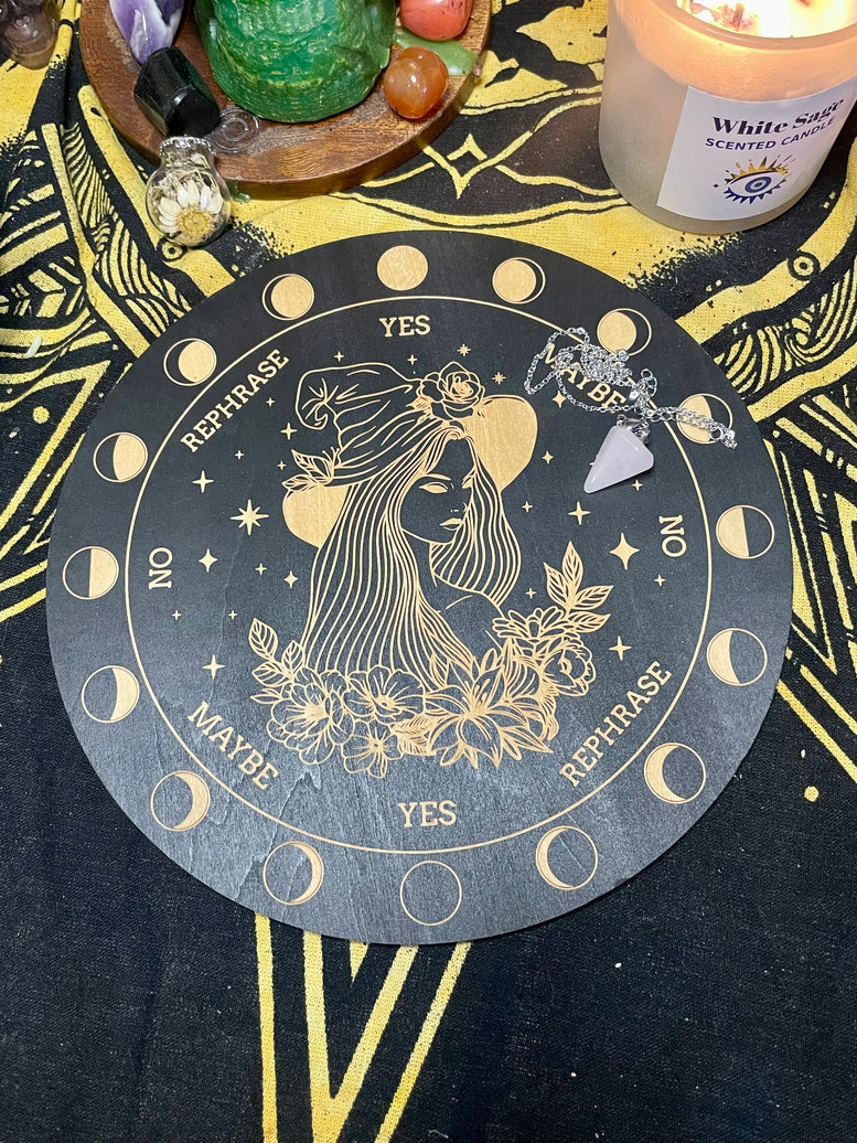 Pendulum Board and Rose Quartz Pendulum | Dowsing | Dowsing Board | Communication Board | Reading | Skull | Cauldron | Witchcraft | Wicca