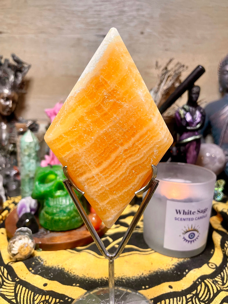 Orange Calcite Diamond on Astrological Stand | Crystals | Healing | Ornament | Witchy | Witchcraft | Reiki | Chakra | Wicca | Pagan | Gift