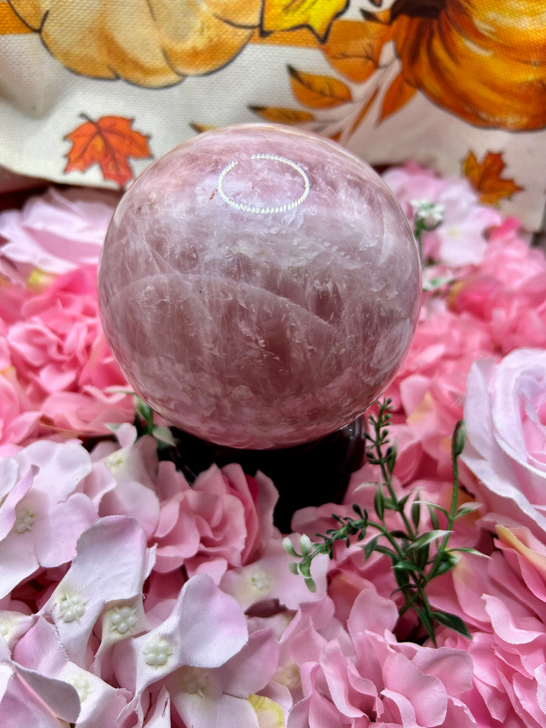 High Quality Rose Quartz Sphere on rotating stand 1.6kg 10cm tall