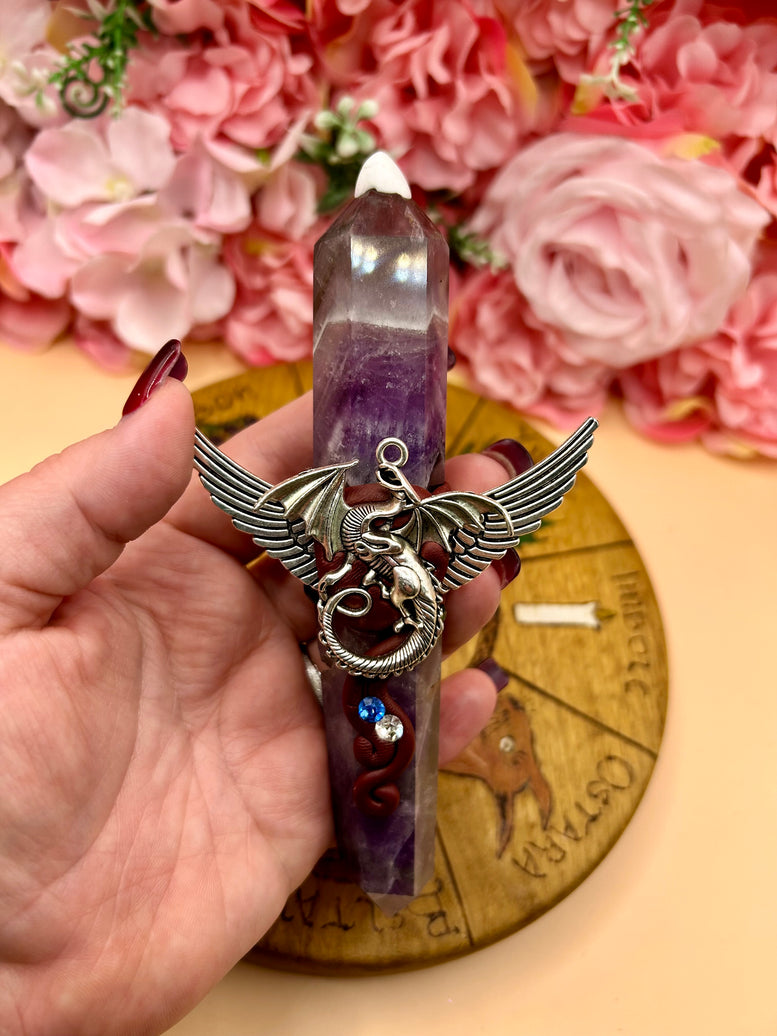 Amethyst Dragon Wand – Crystal Point with Winged Dragon Charm | Fantasy Wand for Rituals, Healing, or Display | Witchcraft | Wicca | Pagan