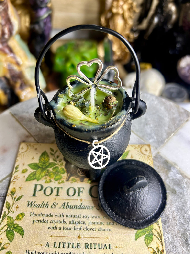 Pot of cold cast iron cauldron wealth and abundance spell candle