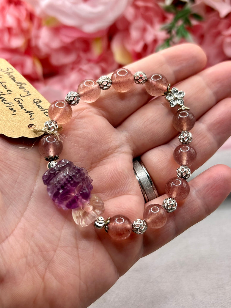 Fluorite & Strawberry Quartz Buddha Crystal Charm Bracelet | Jewellery | Crystals | Spirituality | Witchcraft | Wiccan | Pagan | Gift