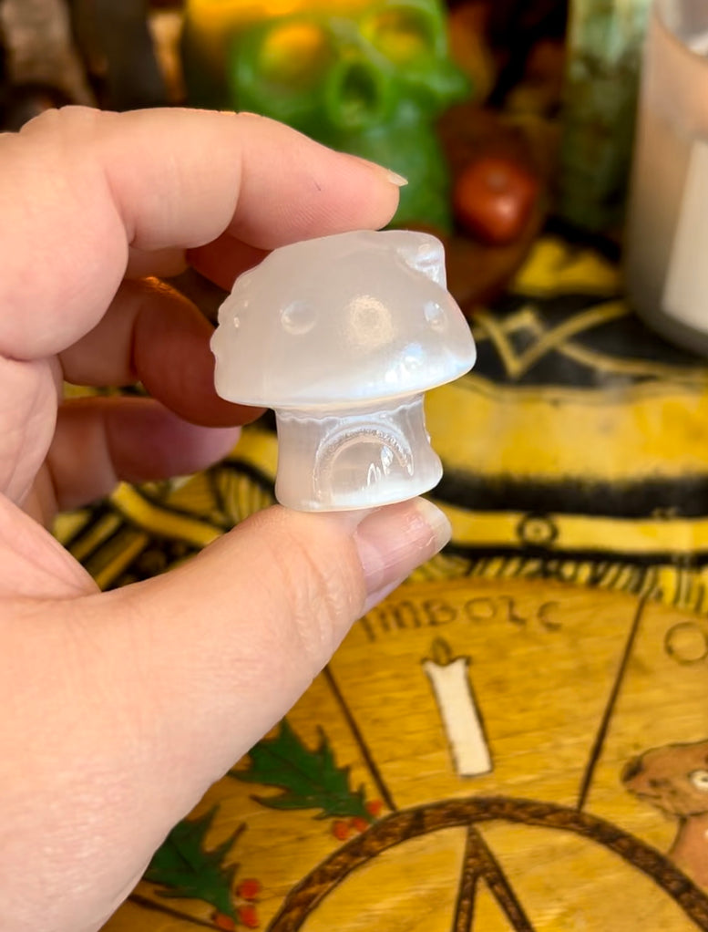 Mushroom Cottage Selenite Crystal Carving | House | Crystals | Reiki | Chakra | Spirituality | Witchy | Wicca | Pagan | Ornament | Gift