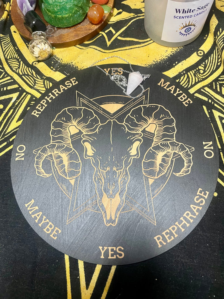 Pendulum Board and Rose Quartz Pendulum | Dowsing | Dowsing Board | Communication Board | Reading | Skull | Cauldron | Witchcraft | Wicca