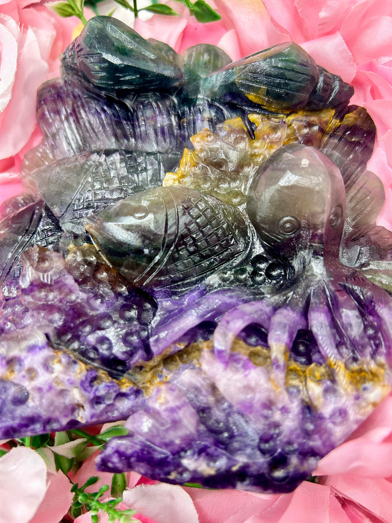 Ocean themed rainbow fluorite crystal carving 1kg 14cm