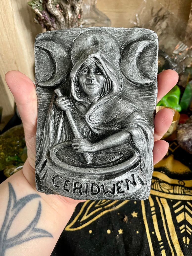 Ceridwen Keeper of the cauldron silver coloured plaque | Witchcraft | Wicca | Pagan | Wall Art | Altar | Goddess | Deity | Welsh | Gift