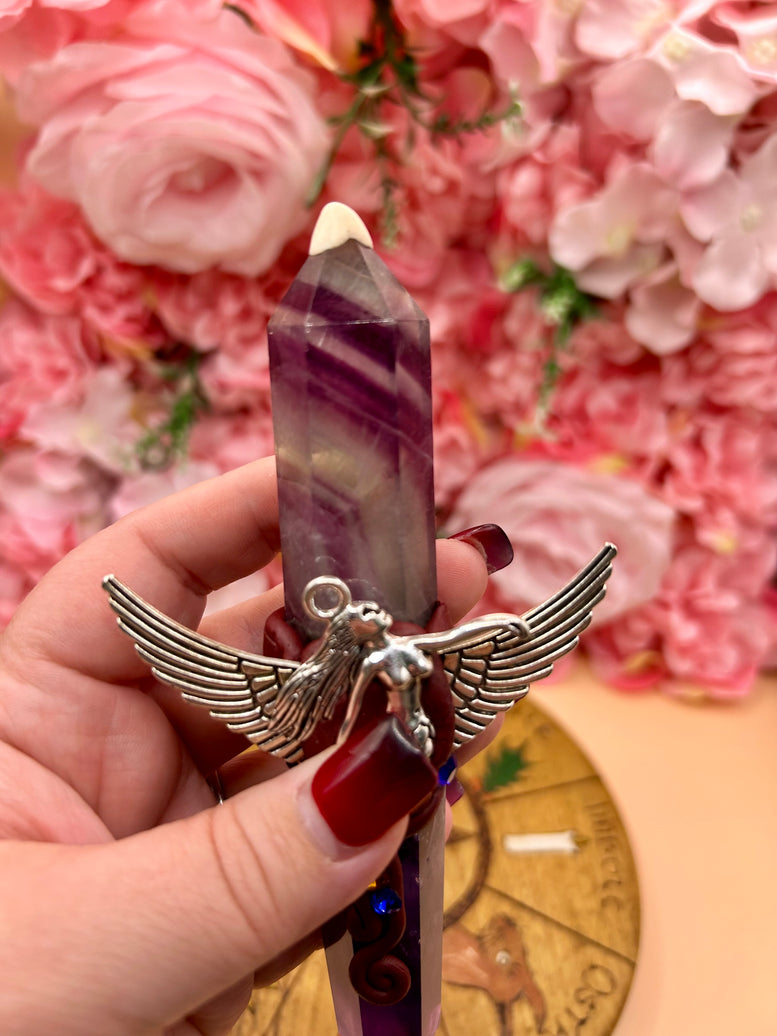 Fluorite Mermaid Wand: Winged Charm, Rhinestone Accents - Ritual Tool