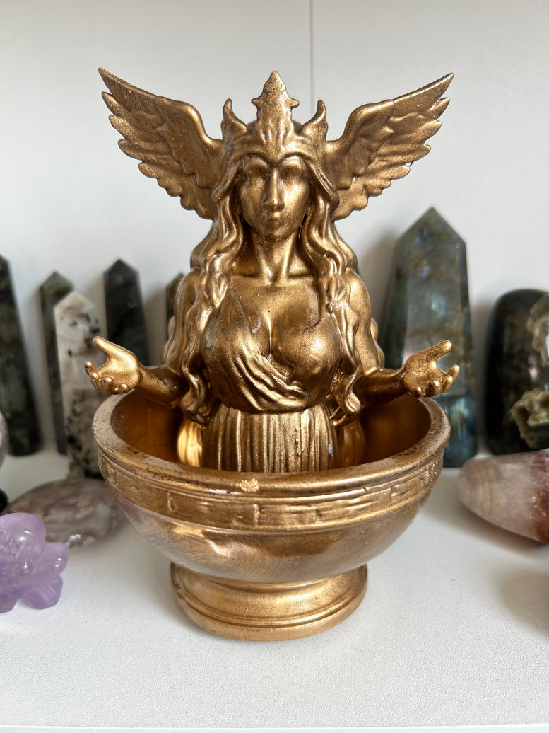 Freya Offering Bowl | Norse Goddess Altar Decor | Pagan Ritual Bowl | Viking Witchcraft Supplies | Golden Divine Feminine Statue Bowl Witch