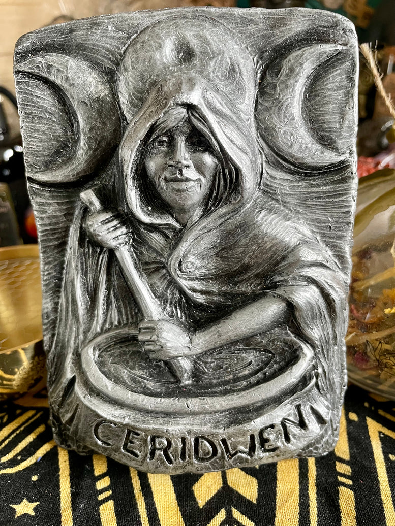 Ceridwen Keeper of the cauldron silver coloured plaque | Witchcraft | Wicca | Pagan | Wall Art | Altar | Goddess | Deity | Welsh | Gift