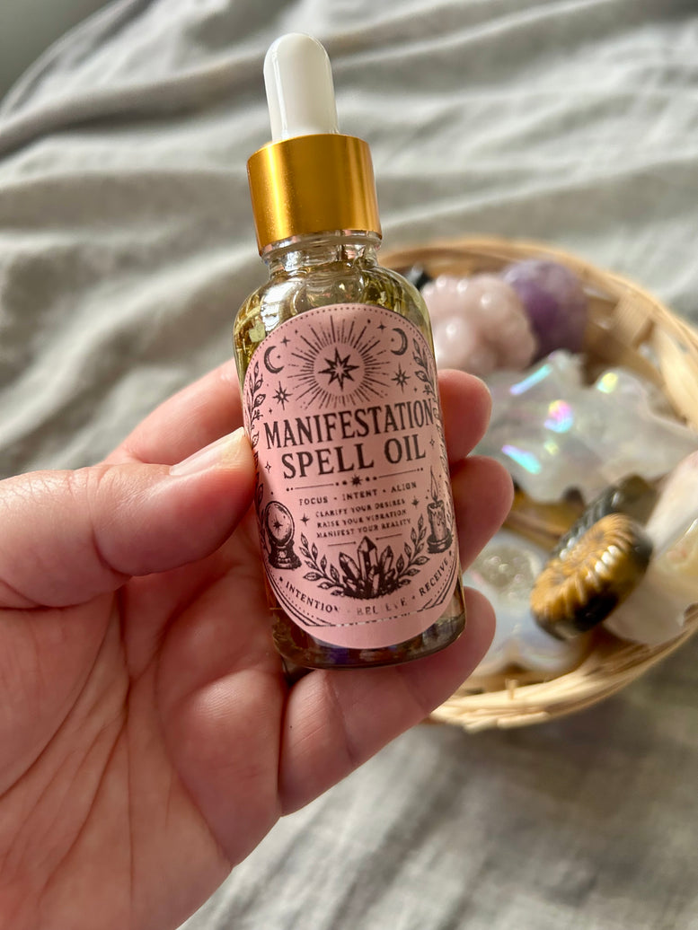 Manifestation Spell Oil 30ml - Focus Intention Allure with Carnelian & Amethyst Crystals for Spiritual Alignment and Manifestation Rituals