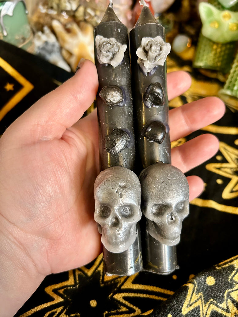 Hand Made Large Protection and Banishing Spell Candles for Spells Witchcraft with Skull Design and Floral Accents Decoration Ornaments