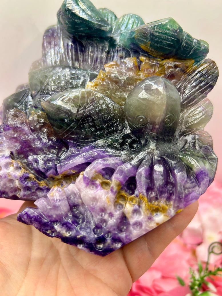 Ocean themed rainbow fluorite crystal carving 1kg 14cm