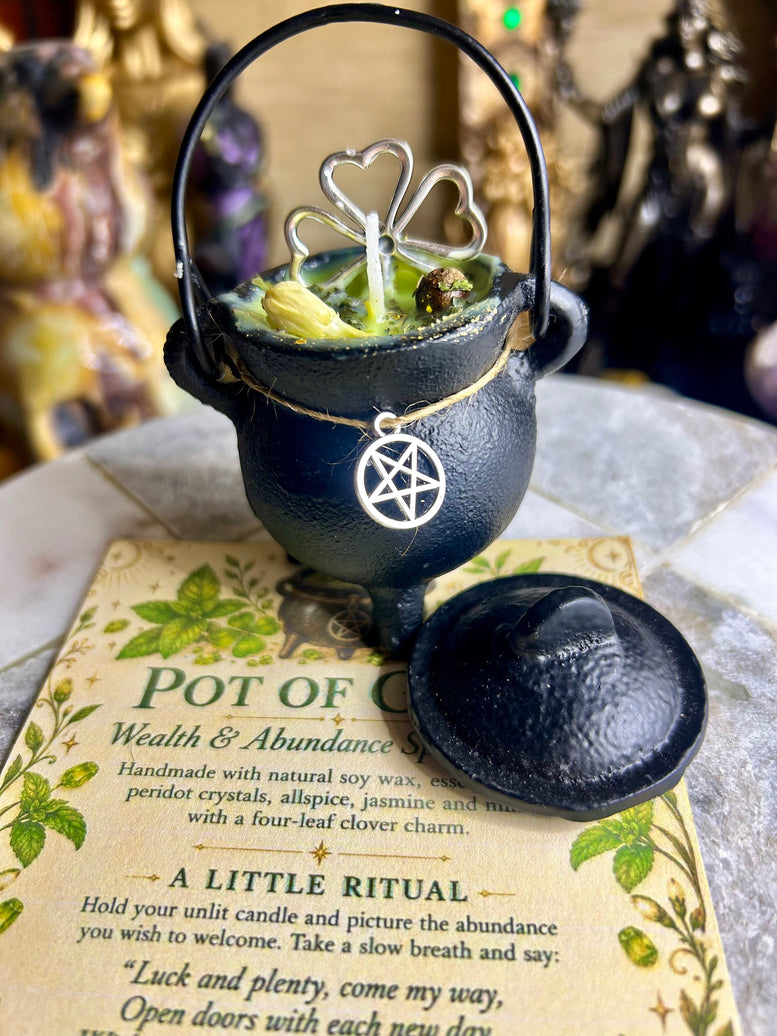 Pot of cold cast iron cauldron wealth and abundance spell candle