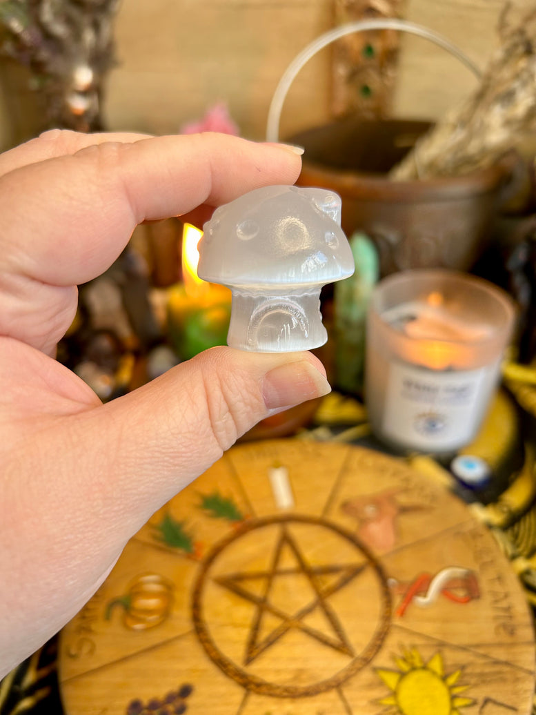 Mushroom Cottage Selenite Crystal Carving | House | Crystals | Reiki | Chakra | Spirituality | Witchy | Wicca | Pagan | Ornament | Gift