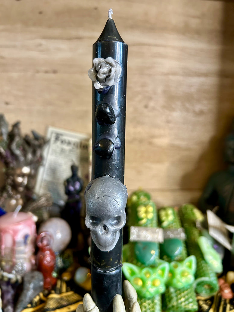 Hand Made Large Protection and Banishing Spell Candles for Spells Witchcraft with Skull Design and Floral Accents Decoration Ornaments