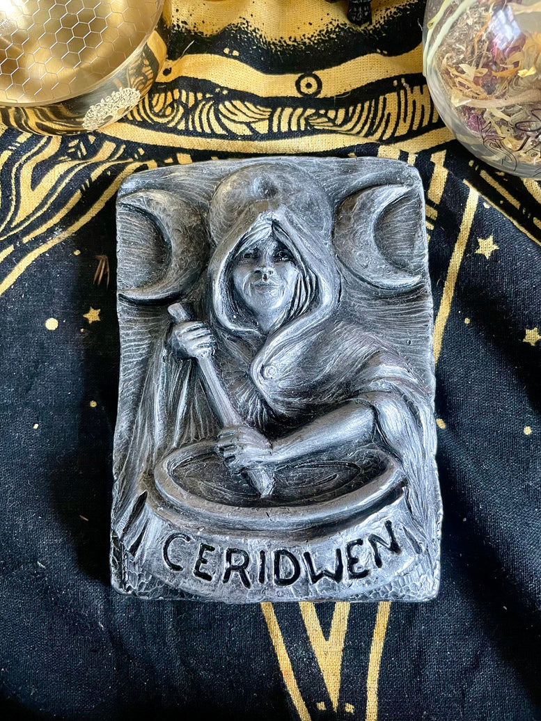 Ceridwen Keeper of the cauldron silver coloured plaque | Witchcraft | Wicca | Pagan | Wall Art | Altar | Goddess | Deity | Welsh | Gift