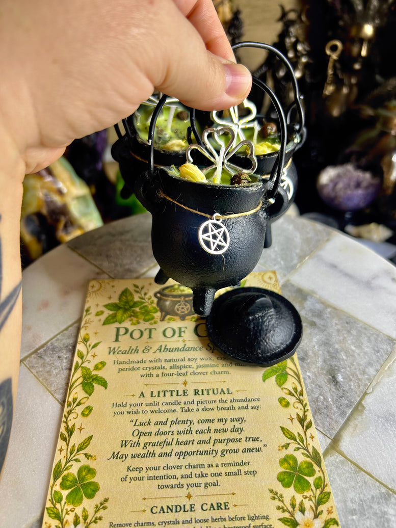 Pot of cold cast iron cauldron wealth and abundance spell candle