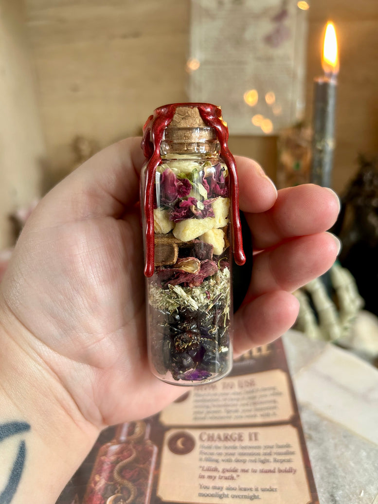 Handmade Lilith Spell Bottle with Charm Herbs & Crystals for Rituals Meditation Shadow Work Empowerment Confidence