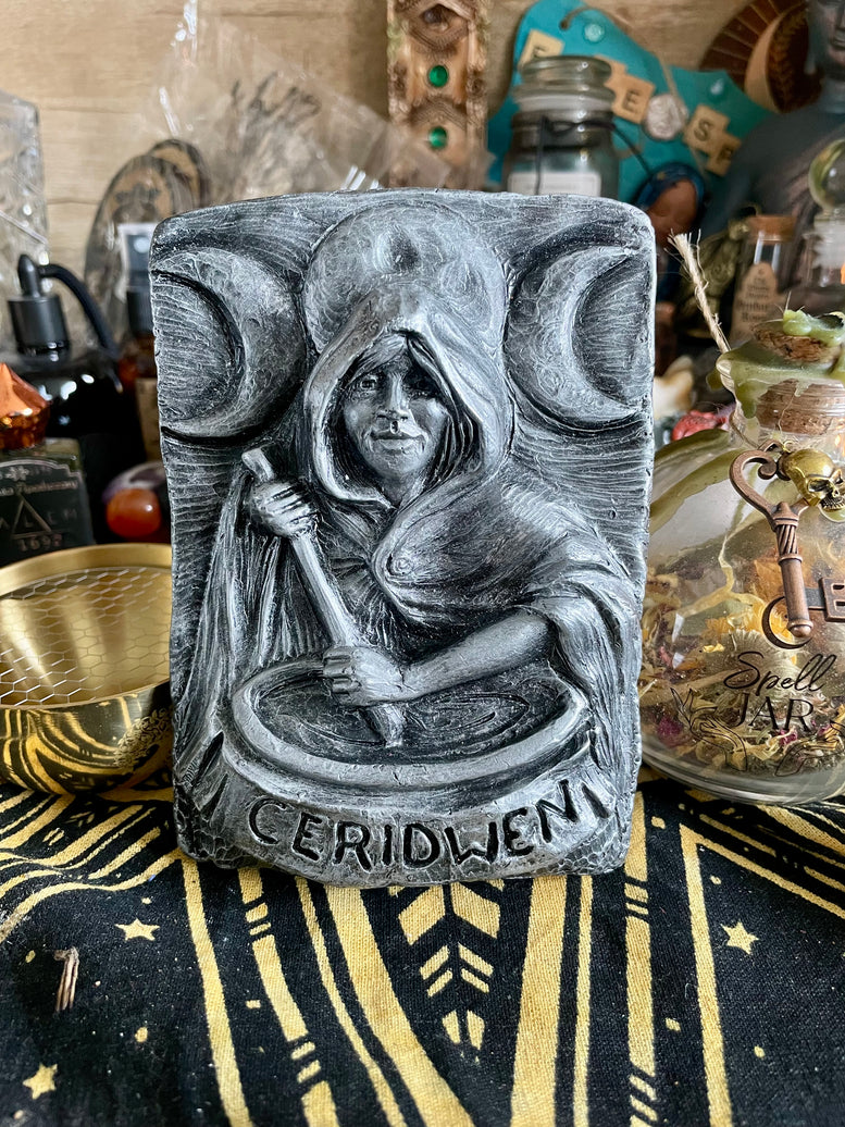 Ceridwen Keeper of the cauldron silver coloured plaque | Witchcraft | Wicca | Pagan | Wall Art | Altar | Goddess | Deity | Welsh | Gift