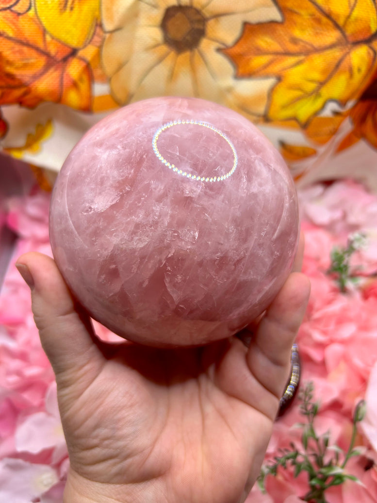 High Quality Rose Quartz Sphere on rotating stand 1.6kg 10cm tall