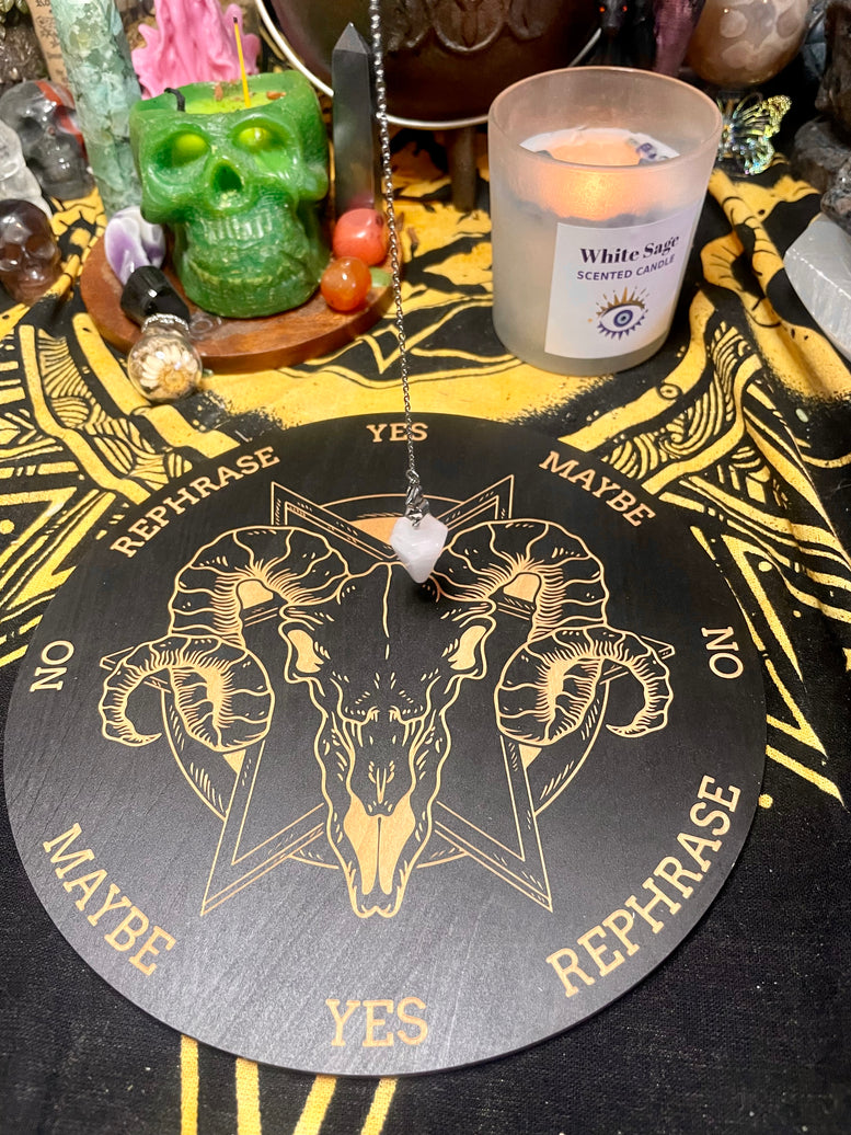 Pendulum Board and Rose Quartz Pendulum | Dowsing | Dowsing Board | Communication Board | Reading | Skull | Cauldron | Witchcraft | Wicca