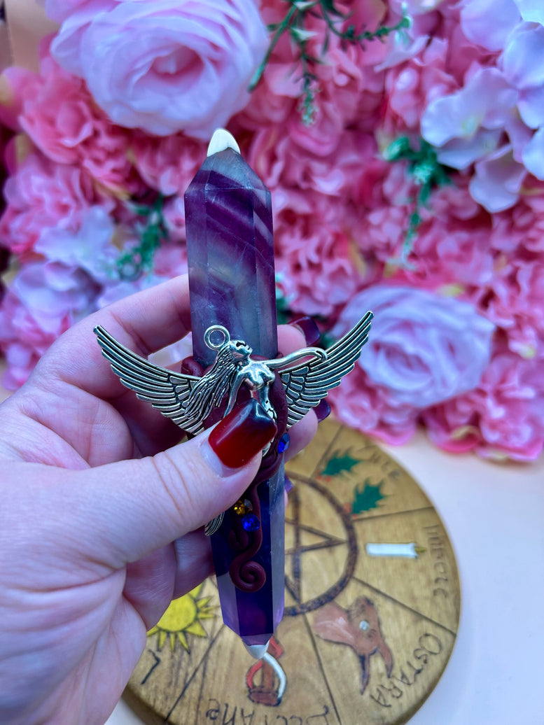 Fluorite Mermaid Wand: Winged Charm, Rhinestone Accents - Ritual Tool