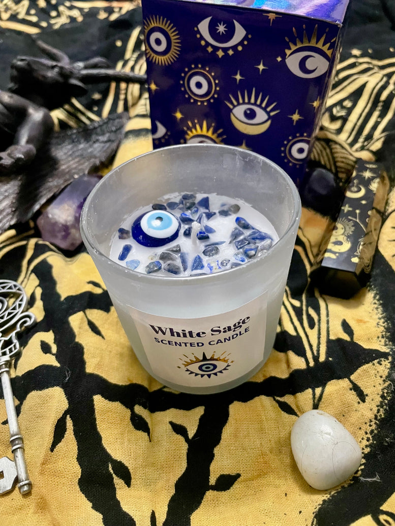 Evil Eye - All Seeing Eye White Sage Scented Spell Candle | Sodalite | Charms | Witchcraft | Wicca | Pagan | Ritual Candle | Candles | Gift