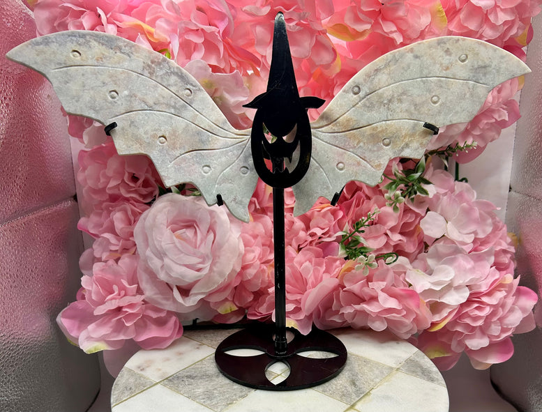 Pink Opal Carved Crystal Wings with Witchy Stand pumpkin witch Halloween style