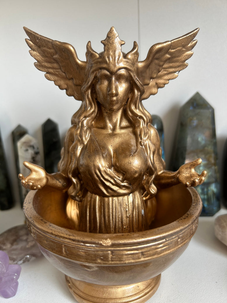 Freya Offering Bowl | Norse Goddess Altar Decor | Pagan Ritual Bowl | Viking Witchcraft Supplies | Golden Divine Feminine Statue Bowl Witch