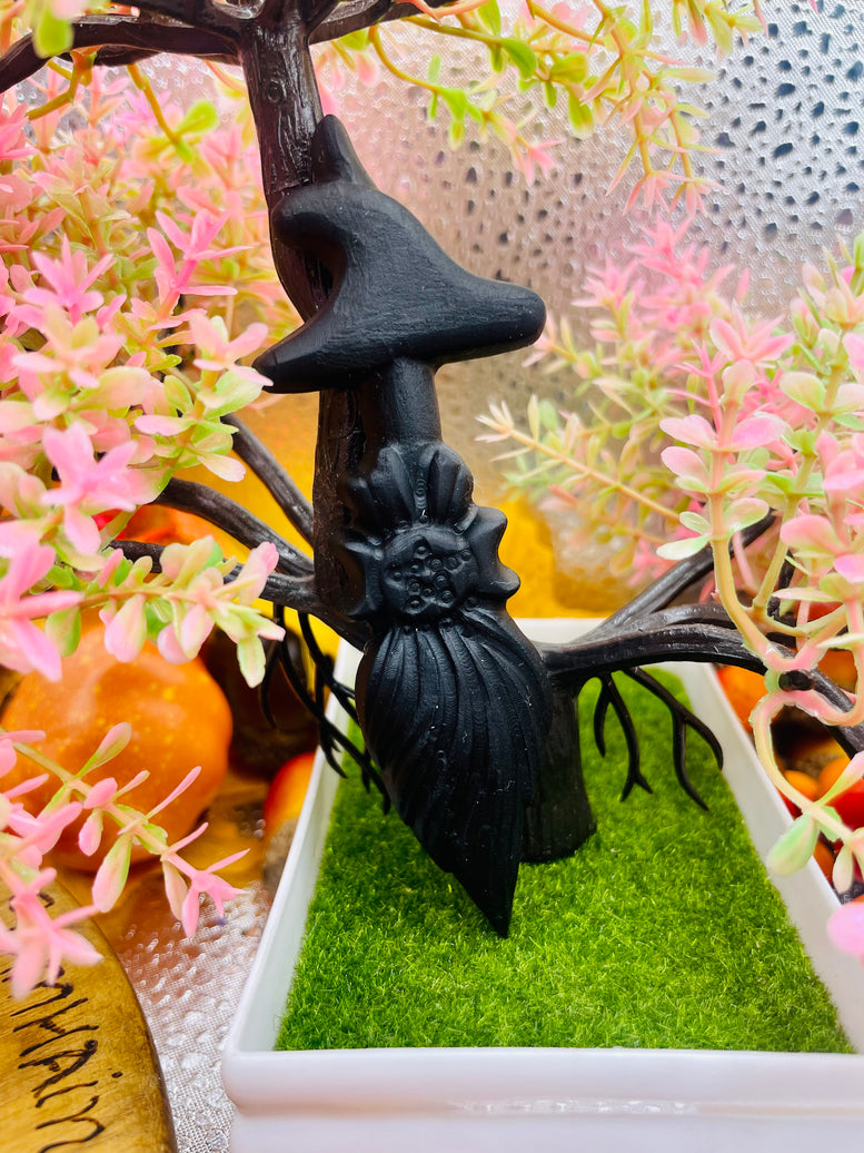 Natural Obsidian Witches Broom & Witches Hat Crystal | Crystal Healing | Reiki | Chakra | Ornament | Witchy | Witchcraft | Pagan | Wiccan