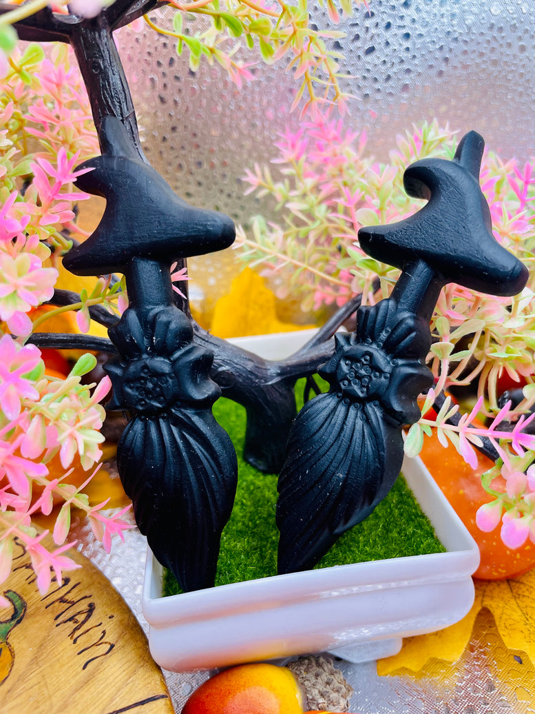 Natural Obsidian Witches Broom & Witches Hat Crystal | Crystal Healing | Reiki | Chakra | Ornament | Witchy | Witchcraft | Pagan | Wiccan