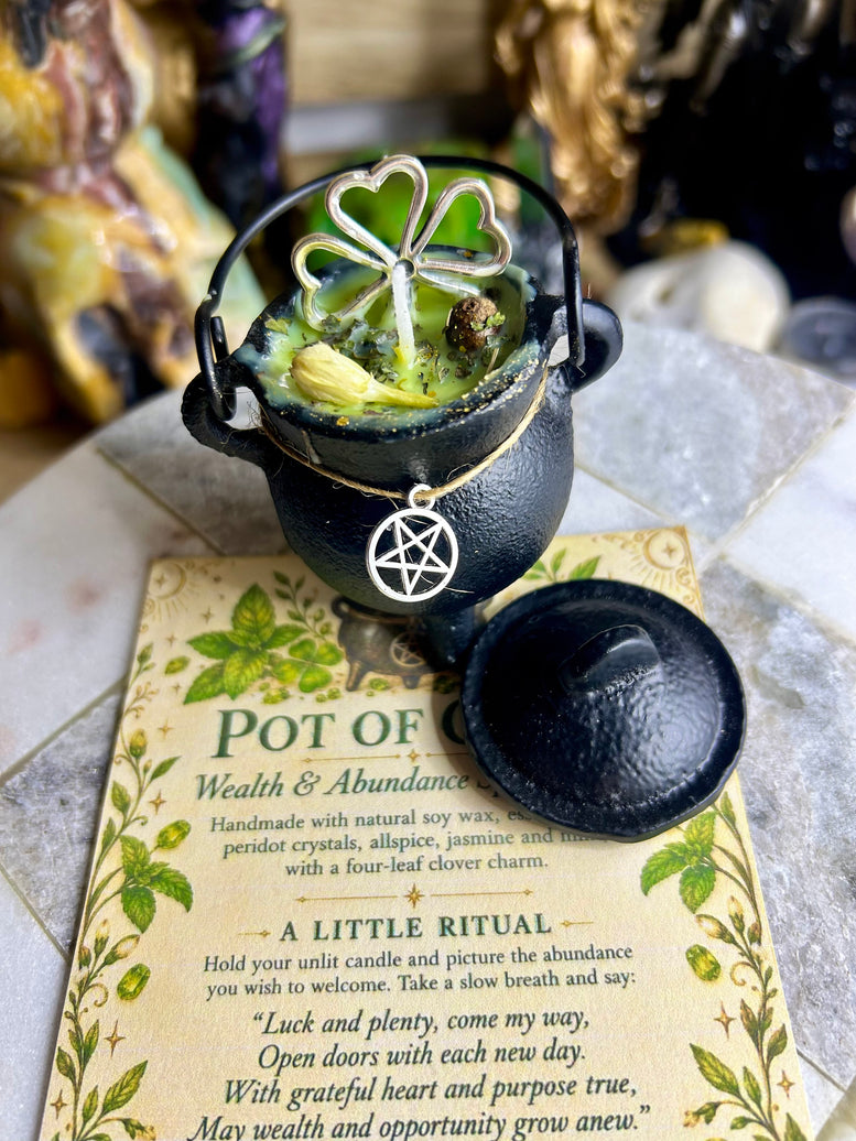 Pot of cold cast iron cauldron wealth and abundance spell candle
