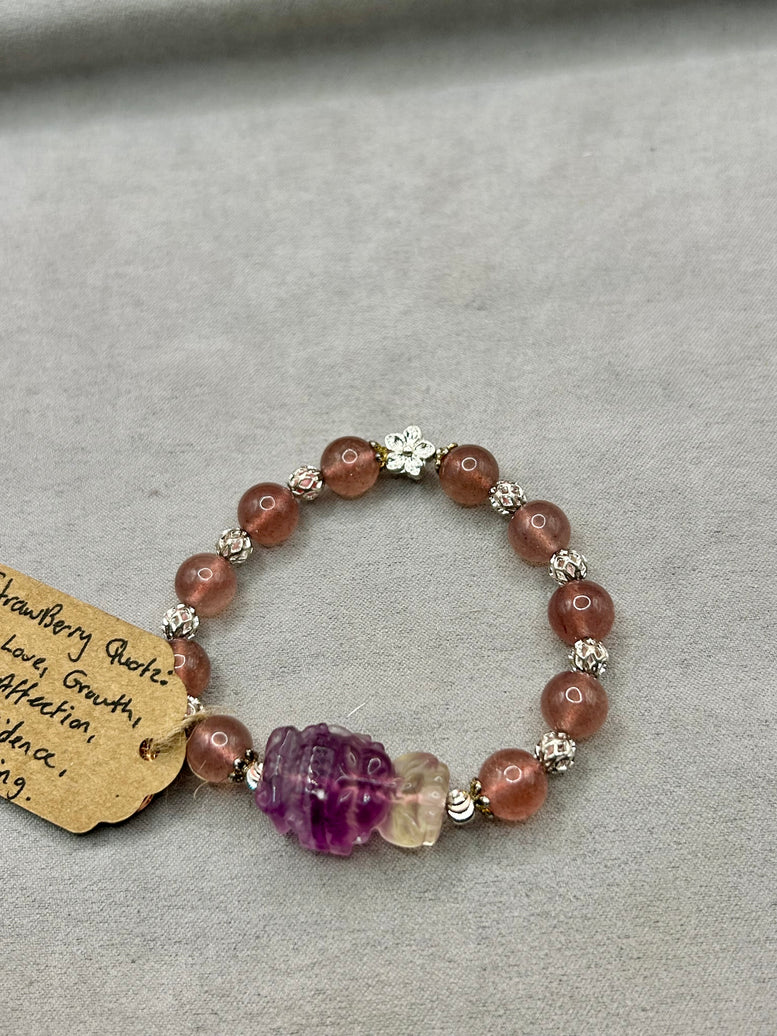 Fluorite & Strawberry Quartz Buddha Crystal Charm Bracelet | Jewellery | Crystals | Spirituality | Witchcraft | Wiccan | Pagan | Gift