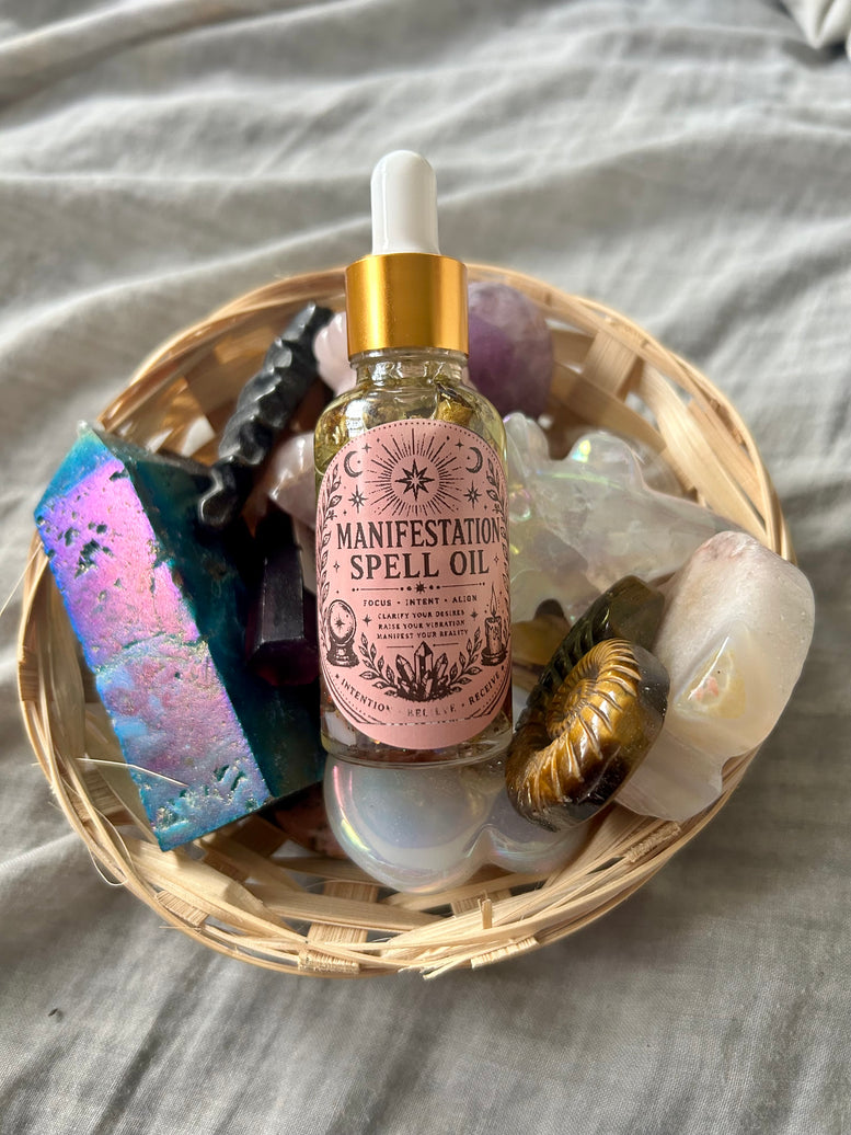 Manifestation Spell Oil 30ml - Focus Intention Allure with Carnelian & Amethyst Crystals for Spiritual Alignment and Manifestation Rituals