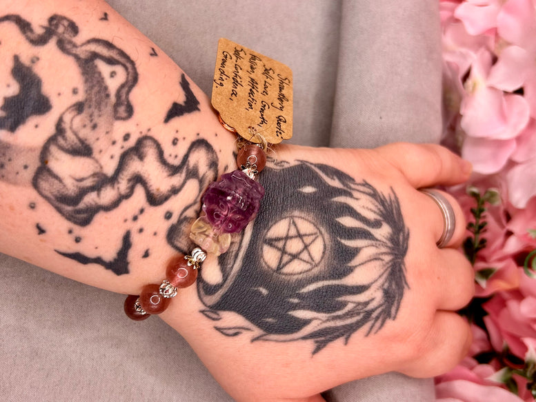 Fluorite & Strawberry Quartz Buddha Crystal Charm Bracelet | Jewellery | Crystals | Spirituality | Witchcraft | Wiccan | Pagan | Gift